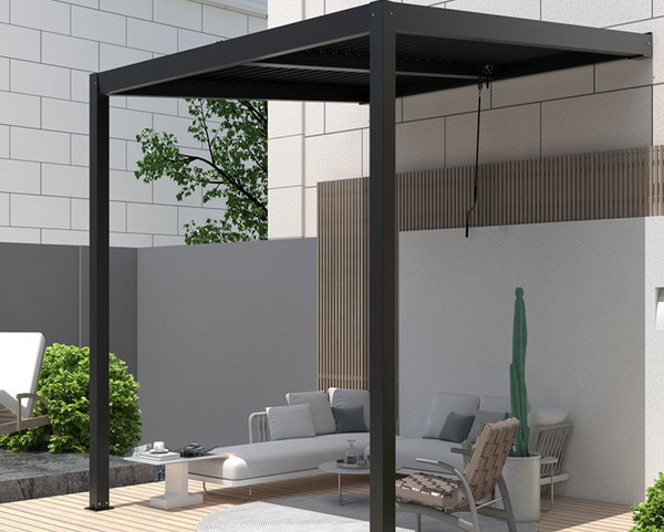 Aluminium pergola met kantelbare lamellen – 2 poten | Muurpergola voor terrasoverkapping